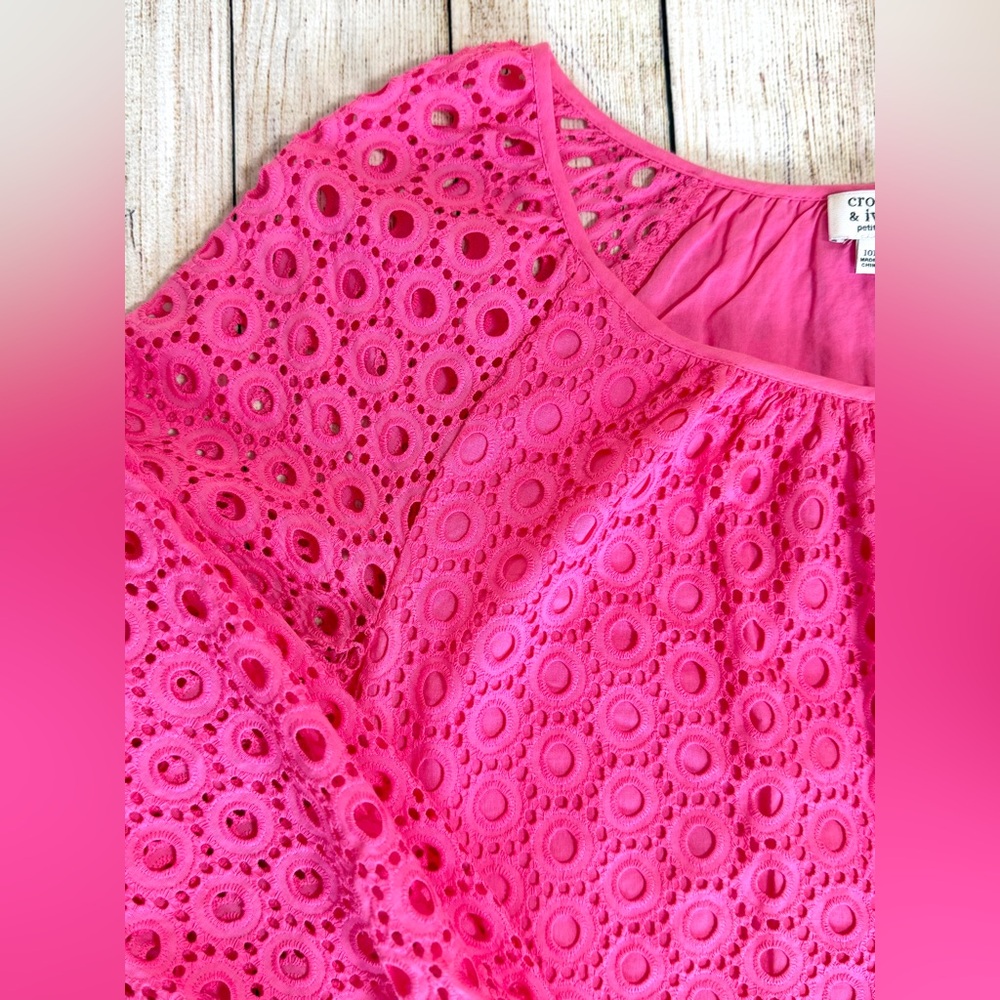 Crown & Ivy Hot Pink Eyelet Shift Dress Size 10P Cottagecore 3/4 Kentucky Derby - Picture 7 of 10